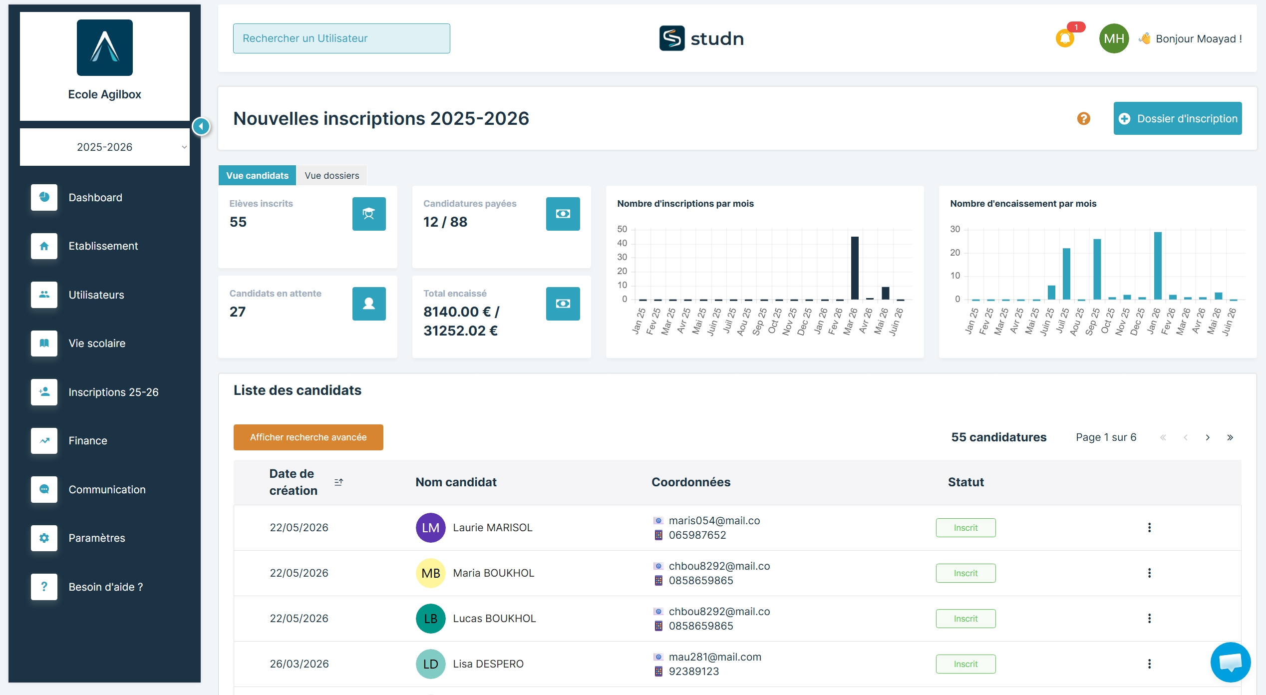 Interface de gestion des inscriptions et paiements sur Studn